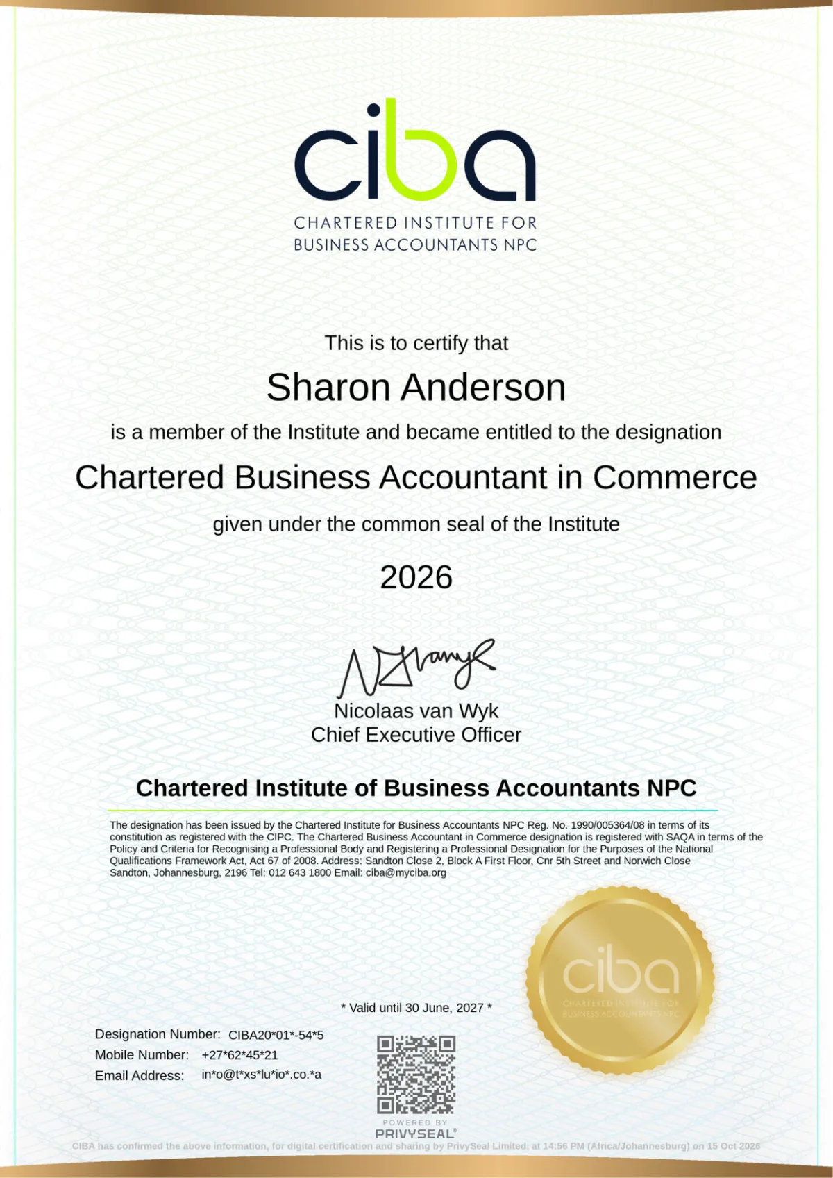 CIBA certificate: Sharon Anderson, Chartered Business Accountant in Commerce