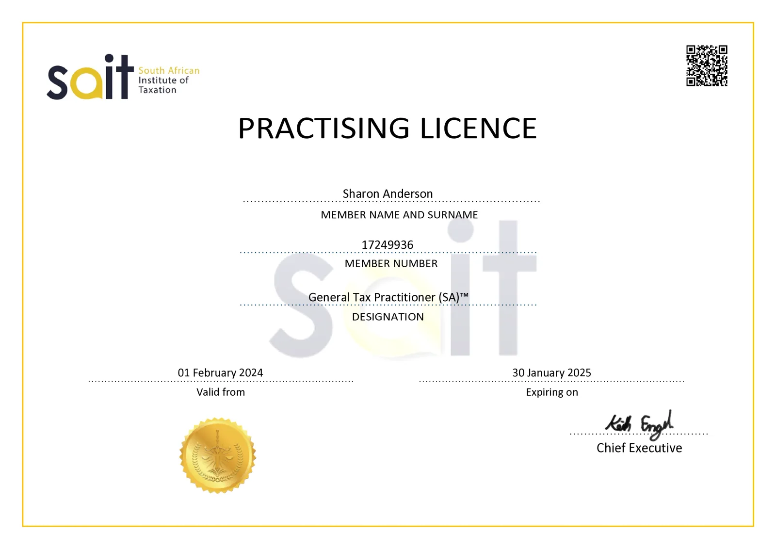 SAIT practising licence for Sharon Anderson, member number 17249936